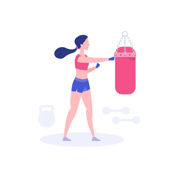 Una Práctica Chica Con Saco Boxeo Para Fitness — Vector de stock