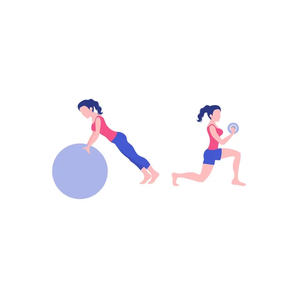 Two Girls Doing Exercise One Dumbbell Other Stretching Ball — ストックベクタ