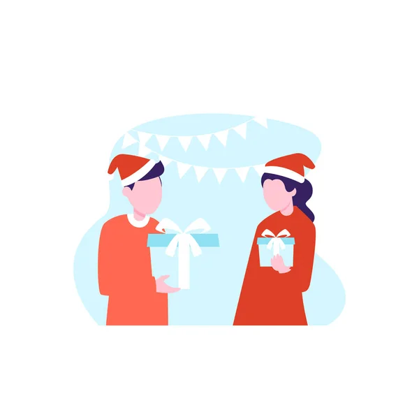 Male Female Giving Presents Each Other New Year — Vector de stock