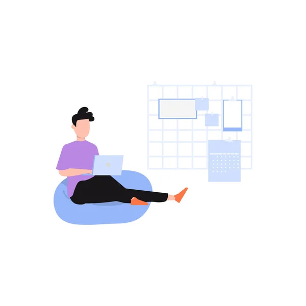 Boy Sit Couch Working His Laptop — Vector de stock