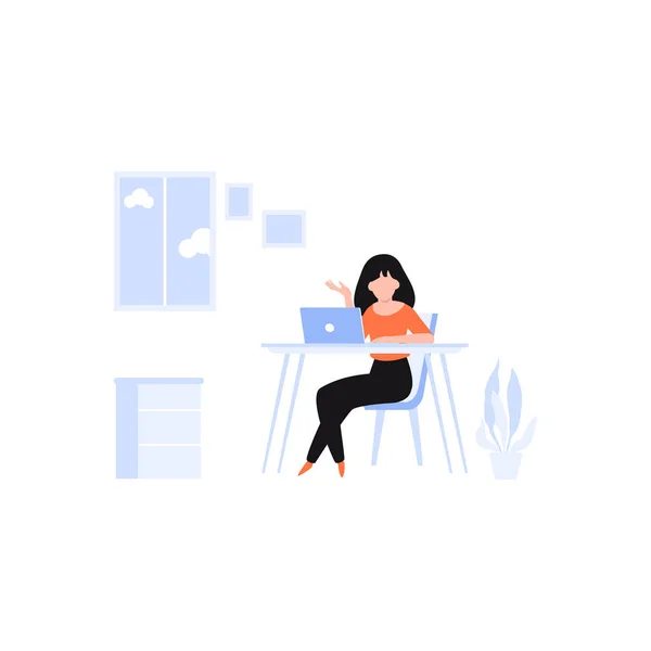 Girl Sit Chair Doing Work Her Laptop — Vector de stock