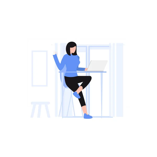 Girl Sit Table Doing Remote Working — стоковый вектор