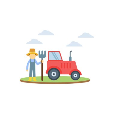 Çiftçi yabayla ayakta duruyor ve bir de traktör var..