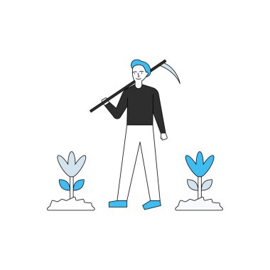 Çocuk elinde baltayla çiftlikte duruyor..