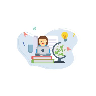 Kız kitapların üzerinde oturuyor ve online çalışma yapıyor..