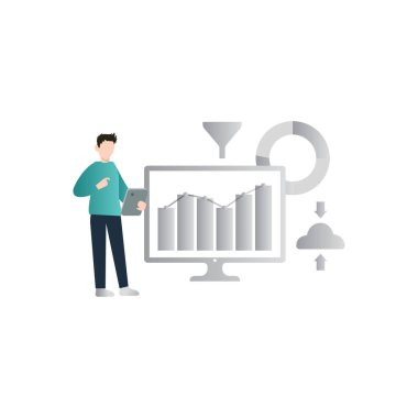 Bir çocuk ayakta dikiliyor ve bar grafiklerini görüyor..