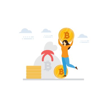 Kız elinde bir bitcoin ile ayakta duruyor..