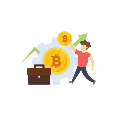 Çocuk elinde bir bitcoin ile ayakta duruyor..