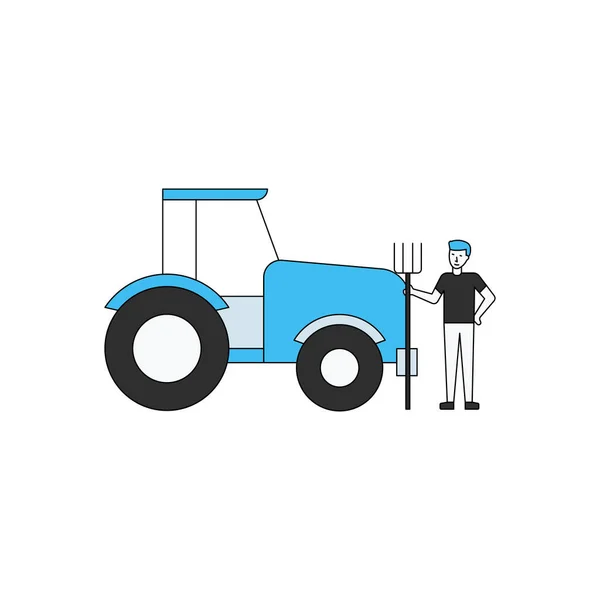 Chico Está Pie Junto Tractor Con Tenedor Paso — Vector de stock