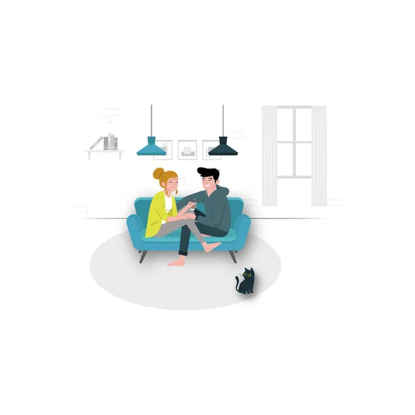 Couple Sitting Couch Having Coffee — Stock Vector