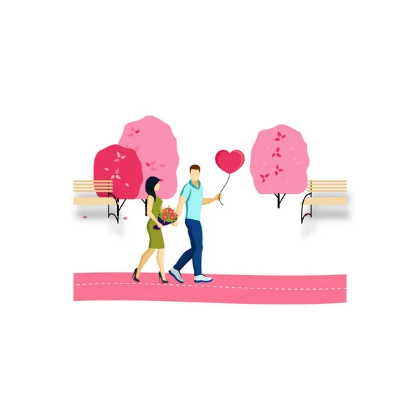 Chico Con Globo Corazón Chica Con Ramo Están Teniendo Paseo — Vector de stock