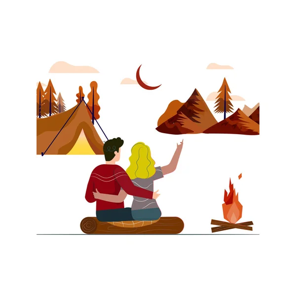 Couple Est Camping Profite Soirée Avec Feu Joie — Image vectorielle