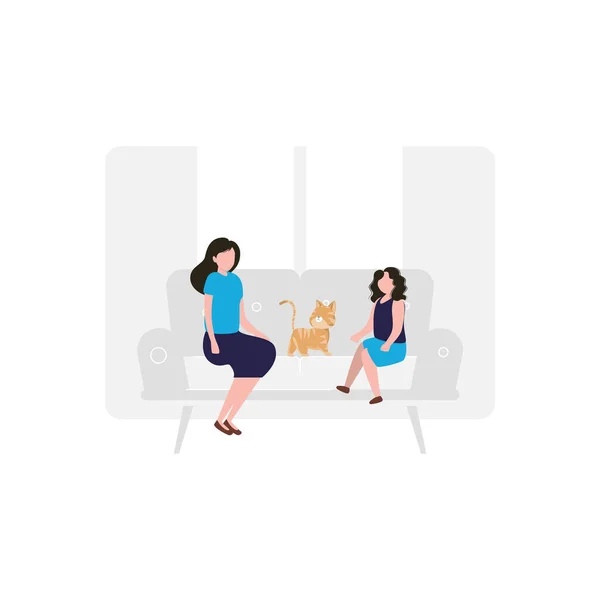 Deux Dames Assises Sur Canapé Avec Chat — Image vectorielle