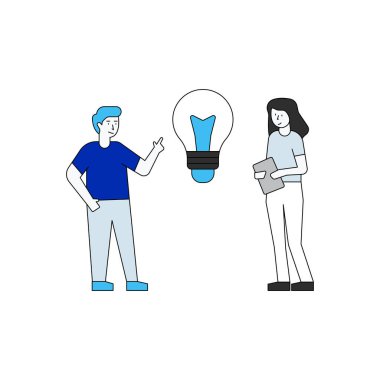 Kız ve oğlan fikirler hakkında konuşuyor..