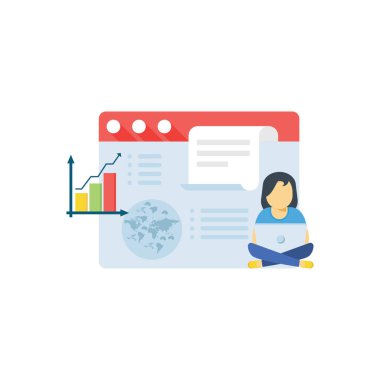 Kız bir web sayfası bilgisayarı üzerinde çalışıyor..