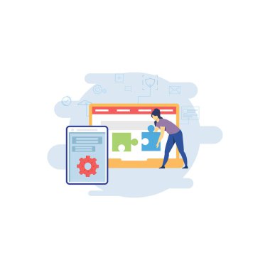 Kız yapboz parçalarını web sayfasına koyuyor..