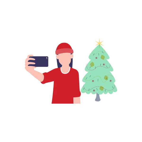 Das Mädchen Macht Ein Selfie Mit Dem Weihnachtsbaum — Stockvektor