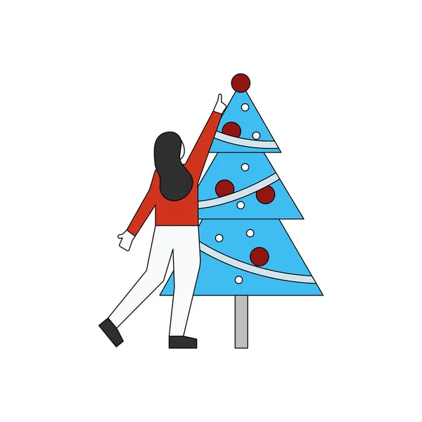 Das Mädchen Schmückt Den Weihnachtsbaum — Stockvektor