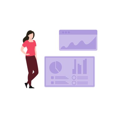 Kız web sayfası grafiğinin yanında duruyor..