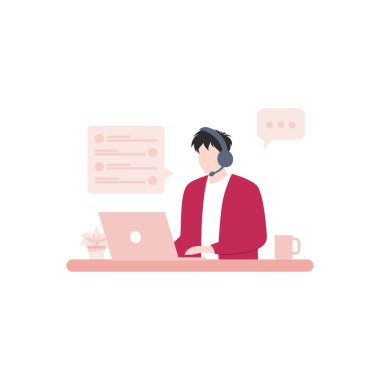 Çocuk bilgisayarını kullanarak kulaklık takıyor..