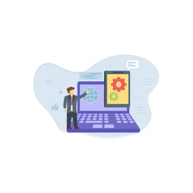 Çocuk dizüstü bilgisayarla yöneticilik yapıyor..