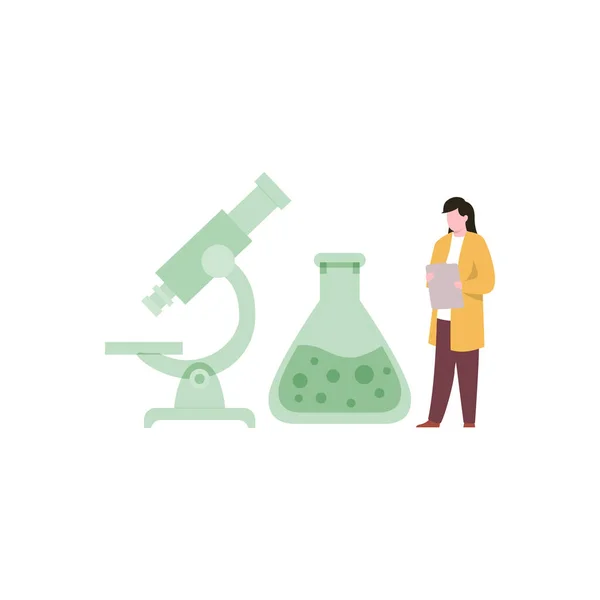 Girl Standing Microscope Beaker — Stock Vector