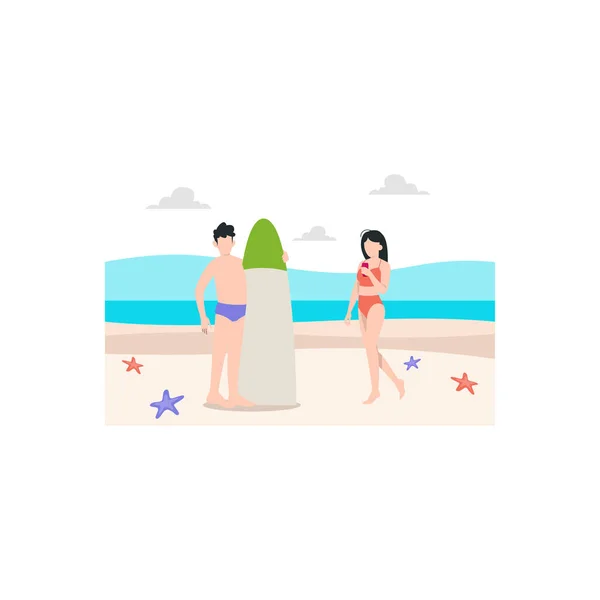 Chico Con Tabla Surf Chica Con Una Lata Playa — Vector de stock