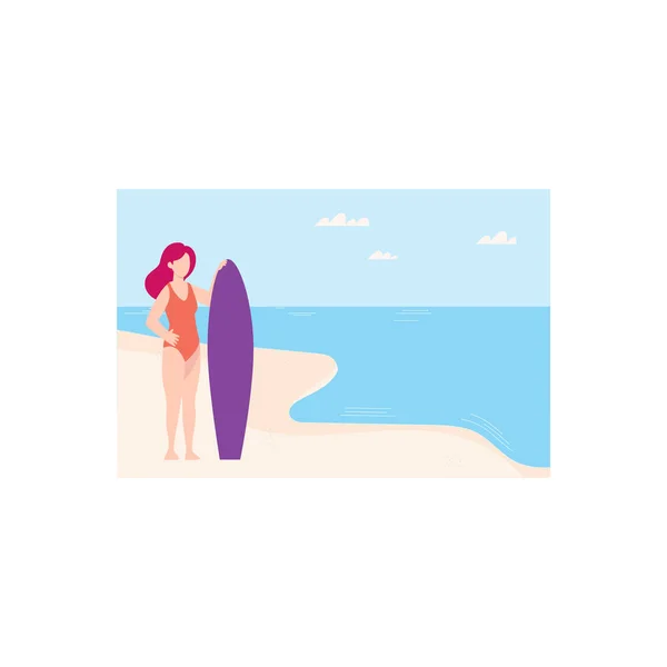 Girl Standing Surf Board Beach — Stock Vector