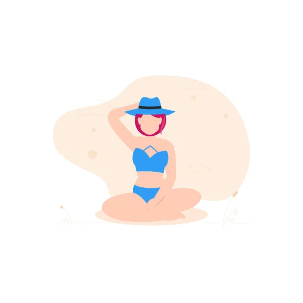 Girl Sitting Beach Wearing Bikini Hat — Stock Vector