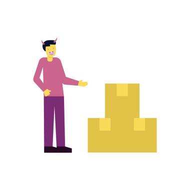 Çocuk teslimat paketlerinin yanında duruyor..