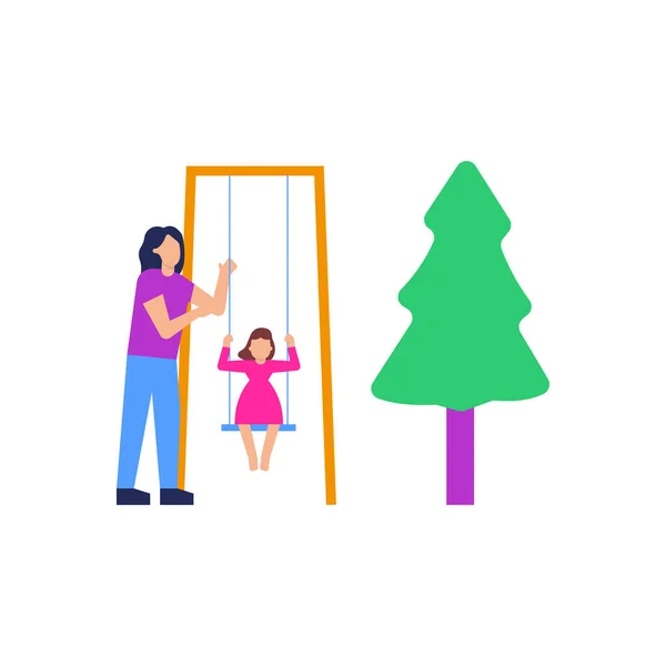 Madre Está Balanceando Los Niños Jardín — Vector de stock