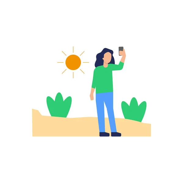 Chica Está Tomando Selfie Playa — Vector de stock