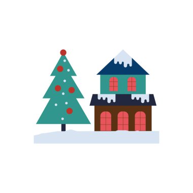 A Christmas tree stands outside the house.