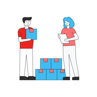 Boy and girl are talking about logistics packages.