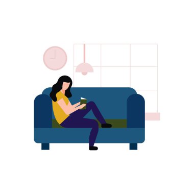 Kız kanepede kitap okuyor..