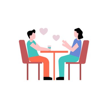 Çift masada oturuyor ve romantik bir şekilde konuşuyor..