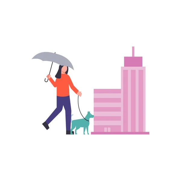 Girl Took Her Pet Walk Umbrella — Stock Vector