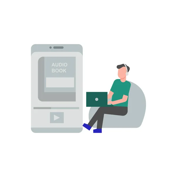 Chłopiec Słuchający Online Audiobook Słuchawkami — Wektor stockowy