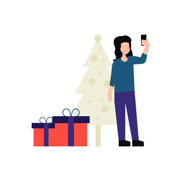 Chica Está Tomando Fotos Con Árbol Navidad — Vector de stock