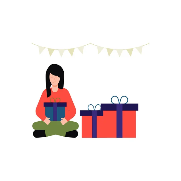 Chica Sentada Con Regalos Navidad — Vector de stock