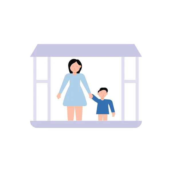Mädchen Und Kind Stehen Fenster — Stockvektor