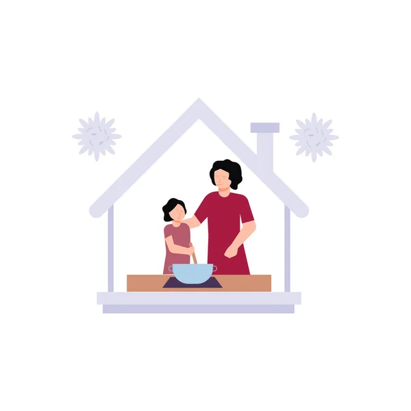 Niña Niño Están Cocinando Casa Debido Covid — Vector de stock