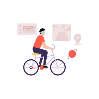 VR gözlüklü bisiklet süren bir çocuk..