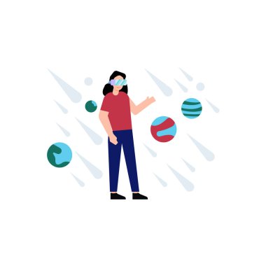 VR gözlüklü bir kız gezegenlere bakıyor..