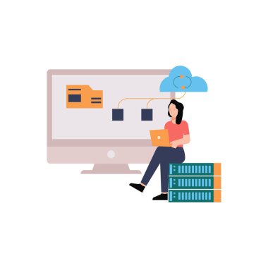 Bulut veri sunucusu üzerinde çalışan kız.