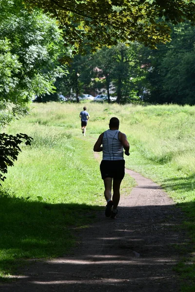 man running on a trail in the forest in the morning.