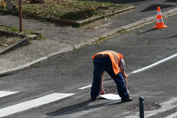 man is cleaning a road with red and green leaves.