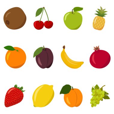 Set of different colors fruits. Kiwi, cherry, apple, pineapple, orange, plum, banana, pomegranate, strawberry, lemon, apricot, grape. Flat design vector illustration of fruits on white background.