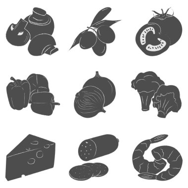 Farklı pizza malzemeleri. Karides, sosis, peynir, brokoli, soğan, biber, zeytin, mantar, domates..