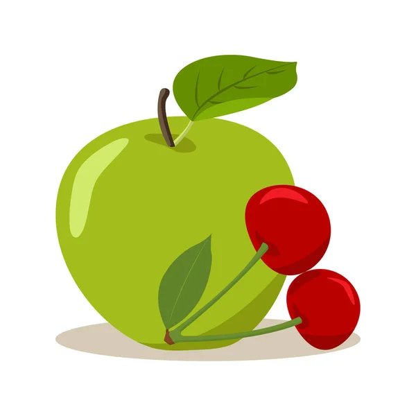 Green Apple Cherry Vector Illustration White Background — Stock Vector